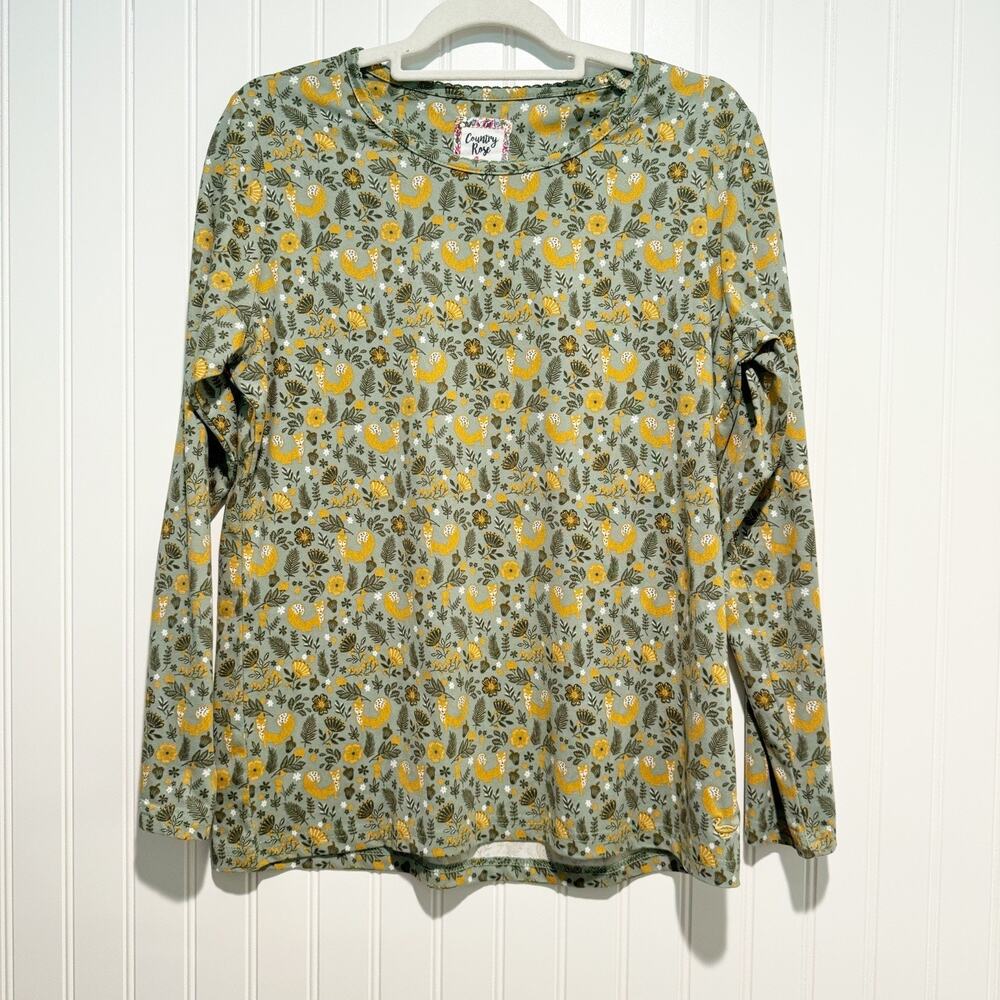 Country Rose Sage Green Fox Print Long Sleeve Top Size Medium